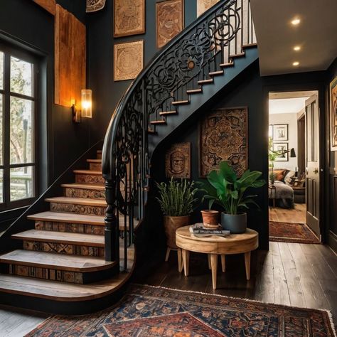 Dark Painted Stairs, Black Wooden Staircase, Oak And Black Staircase, Large Entrance Hall Ideas, Bohemian Staircase, Stairways Design, Old House Staircase, Moody Staircase, Rounded Stairs