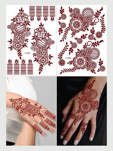 2 Sheet Red Brown Flower Henna Tattoo Sticker Mehndi Floral Temporary Tattoos For Parties Festivals WeddingsI discovered amazing products on SHEIN.com, come check them out! Flower Henna Tattoo, Mehndi Floral, Brown Tattoo, Browning Tattoo, Brown Henna, Flower Henna, Brown Flower, Tattoo Sticker, Henna Design