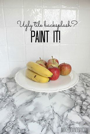 Cover a hideous tile backsplash with paint for an update that doesn’t require hiring a pro. | 37 Ways To Disguise The Ugliest Parts Of Your Home Tile Update, Painting Kitchen Tiles, Kitchen Tile Backsplash, Paint Backsplash, Ceramic Tile Backsplash, Beadboard Backsplash, Blue Backsplash, Painted Tile, Painting Ceramic Tiles