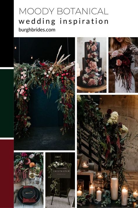 Moody Botanical Wedding, Green Burgundy Wedding, Wedding Enchanted Forest, Green And Burgundy Wedding, Botanical Wedding Theme, Dark Red Wedding, Goth Winter, Dark Romantic Wedding, Gothic Wedding Theme