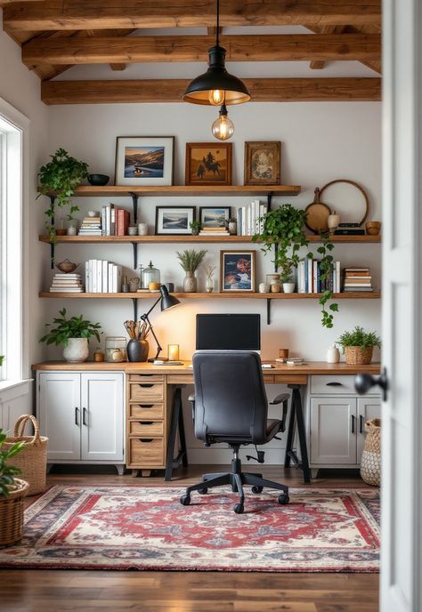 Barndominium Ideas Masculine Office Shelves, Country Home Office Ideas, Office Ideas Rustic, Homemade Desk Ideas, Rustic Desk Ideas, Rustic Office Decor Ideas, Cottage Office Ideas, His And Her Office, Log Cabin Office