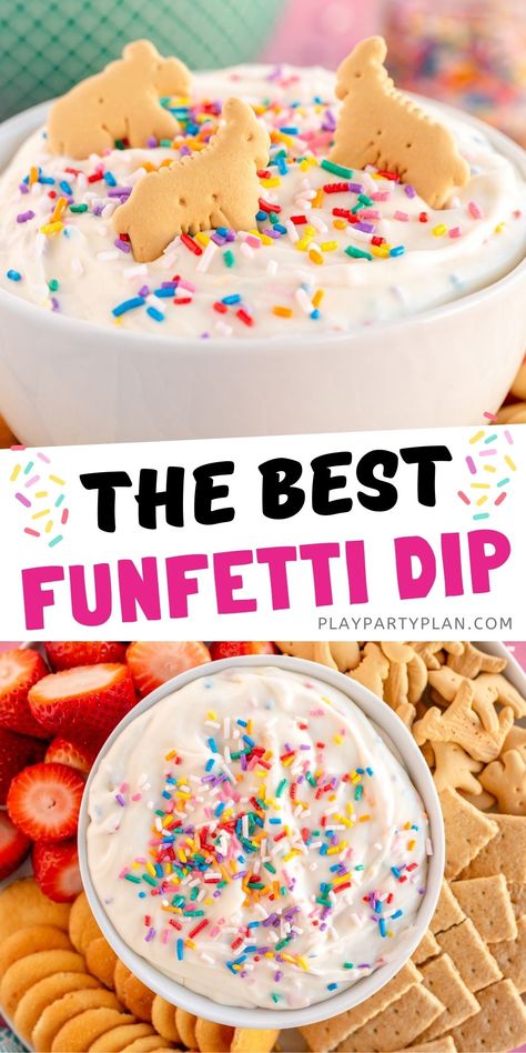 Funfetti Dip Recipe, Easy Party Food Recipes, Funfetti Dip, Easy Dessert Dips, Brunch Party Ideas, Chocolate Chip Dip, Dessert Dip Recipes, Cream Cheese Butter, Cake Dip