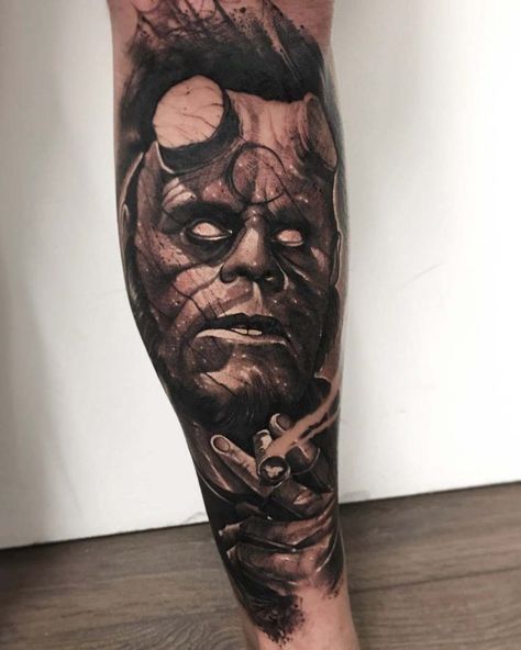 calf tattoo hellboy Tattoo On Calf, Anrijs Straume, Armpit Tattoo, Hellboy Tattoo, Ma Tattoo, Hell Boy, Hellboy Art, Graphic Tattoo, Sketches Ideas