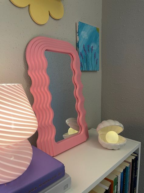 aesthetic finds // shell lamp , wavy pink mirror , danish pastel Wavy Mirror Aesthetic, Apartment Finds, Aesthetic Finds, Girl Apartment, Mirror Aesthetic, Wavy Mirror, Aesthetic Apartment, Shell Lamp, Uni Room