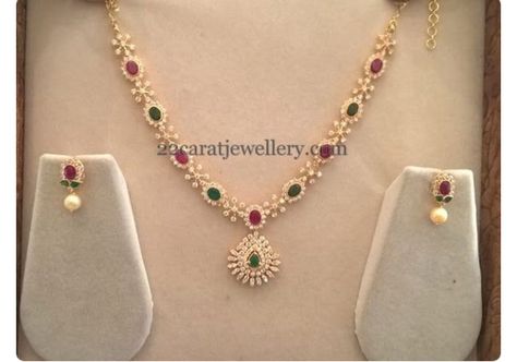 Simple diamond, riby and emerald combination necklace and earrings 20 Grams Gold Necklace Designs, Diamond Necklace Simple, Gold Necklace Indian, Gold Jewelry Simple Necklace, Trendy Jewerly, Wedding Jewellery Collection, Gold Bride Jewelry, Diamond Jewelry Necklace, Bangles Jewelry Designs