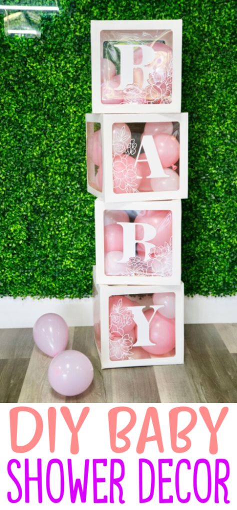 Having a baby shower? We have got a fantastic idea for some DIY baby shower decor. With these balloon boxes you can make adorable, affordable baby shower decorations that you are going to love.This custom baby shower decor is sure to have all your guests raving about how talented you are! You could easily adapt it for other party themes too – graduation, birthday, anniversary, and more. Baby Blocks With Balloons, Baby Shower Boxes Decorations, Diy Baby Blocks Decoration, Baby Boxes Decorations, Baby Blocks Baby Shower Diy, Baby Shower Cricut Ideas, Cricut Baby Shower Decorations, Easy Diy Baby Shower Decorations, Cricut Baby Shower Ideas