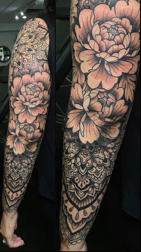 Mandala And Peony Tattoo, Dark Sleeve, Flowers Tattoos, Peony Tattoo, Wicked Tattoos, Beautiful Flower Tattoos, Tattoo People, Sleeve Ideas, Peonies Tattoo