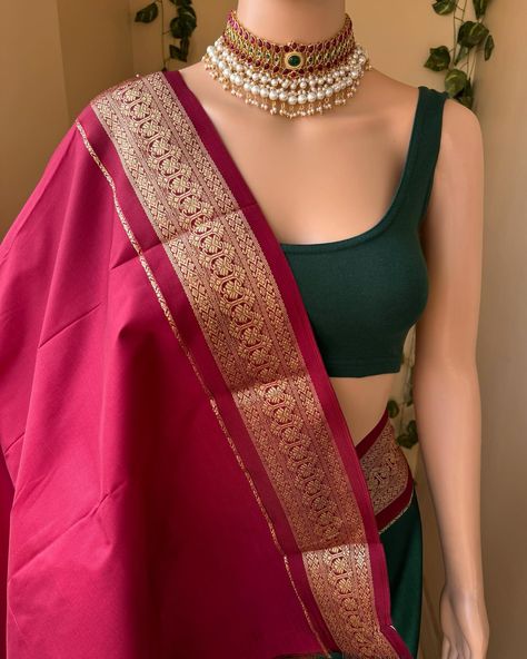 Bottle green art silk saree with contrast maroon zari border.. completely gives a traditional look by adding small thread checks all over saree. Comes with contrast maroon blouse piece. Wash care: Normal wash #artsilksarees #bottlegreensaree #greensaree #silksaree Bottle Green Saree Contrast Blouse, Green Saree Contrast Blouse, Bottle Green Blouse, Saree Contrast Blouse, Bottle Green Saree, Indian Wedding Gowns, Maroon Blouse, Gold Necklace Indian Bridal Jewelry, Necklace Indian