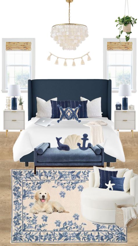 Blue And Wood Room Aesthetic, Navy Blue Themed Bedroom, Navy Bedroom Inspirations, Blue Ocean Room Aesthetic, Navy Blue Coastal Bedroom, Navy Blue Aesthetic Bedroom, Navy Blue Room Ideas Bedroom, Navy Blue Aesthetic Room, Blue Themed Bedroom Aesthetic