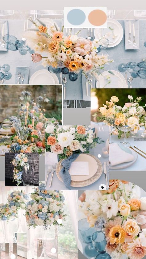 Dusty Blue And Mustard Wedding, Dusty Blue Orange Wedding Theme, Light Blue And Light Orange Wedding, Dusty Blue And Apricot Wedding, Spring Wedding Color Palette Dusty Blue, Powder Blue And Yellow Wedding, Pastel Blue And Peach Wedding, Wedding Themes Ideas Summer, Dusty Blue Coral Wedding