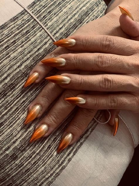 Burnt Orange Nails With Chrome, Gold Ombre Nails Almond, Brown And Orange Nails Acrylic, Chrome Burnt Orange Nails, Gold And Yellow Nails, Orange Chrome Nails Fall, Orange Chrome Tips, Orange Chrome Ombre Nails, Gold And Orange Nails