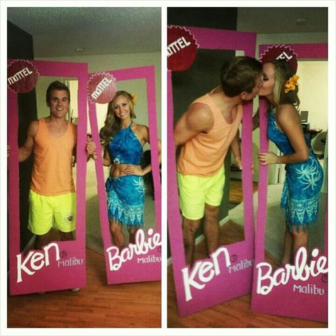 The PERFECT barbie and ken costume!!!! My friends Lauren and Chris! #Halloween #BarbieandKen Barbie And Ken Costume, Funny Couple Costumes, Best Couples Costumes, Clever Halloween, Matching Halloween Costumes, Cheap Halloween Costumes, Bff Halloween Costumes, Barbie Box, Best Friend Halloween Costumes