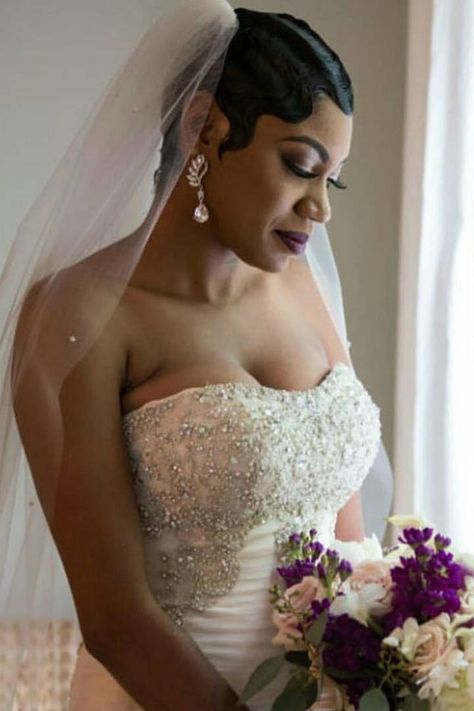 Short Hair With Veil Brides Hairstyles, Wedding Hairstyles For Short Hair Black, Black Wedding Hairstyles Short Hair, Black Brides With Short Hair, Black Bride With Short Hair, Short Wedding Hairstyles For Black Women, Pixie Wedding Hair With Veil, Pixie Haircut Wedding Style, Short Hair Wedding Styles Pixie