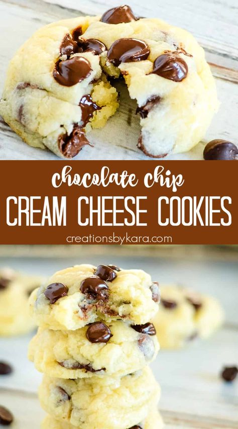 Chocolate Chip Cream Cheese Cookie Recipe - extra soft and moist, these chocolate chip cheesecake cookies are sure to be a hit! #creamcheesecookies #creamcheesechocolatechipcookies #creamcheesecookies #cookierecipe -from Creations by Kara Cream Cheese Chocolate Cookies, Soft Batch Cream Cheese Chocolate Chip, Cream Cheese Chip Cookies, Cream Cheese Cookies Recipes Easy, Chocolate Chip Cream Cheese Cookies, What To Make With Cream Cheese, Chocolate Chip Cheesecake Cookies, Cream Cheese Cookies Recipes, Chocolate Chip Cream Cheese