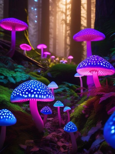 Fancy Mushrooms, Avatar Garden, Mushroom Mirror, Pretty Mushrooms, Colourful Mushrooms, Bioluminescent Mushrooms, Mushrooms Diy, Shroom Room, Neon Garden