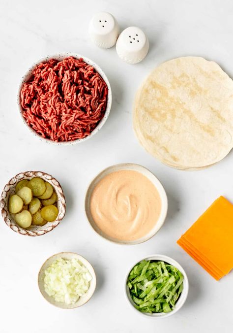 Big Mac Tacos {Smash Burger Tacos} - Haute & Healthy Living Smash Burger Tacos, Big Mac Tacos, Mac Tacos, Homemade Big Mac Sauce, Delicious Burger Recipes, Homemade Big Mac, Burger Tacos, Crispy Tacos, Blackstone Recipes