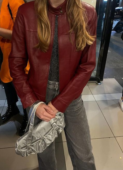 Red Leather Jacket Aesthetic, Red Leather Jacket Outfit, Inspo Fits, Silver Bag, Outfit Red, Winter Fit, Spend Money, Outfit Check, Vintage Outfit