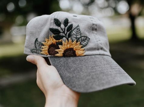 Embroidered Hat Ideas, Embroidered Ball Cap, Embroidered Hat, One Size Fits Most, Hand Embroidery Hats Baseball Caps, Embroidery On Cap, Hat Embroidery Ideas, Floral Embroidery Baseball Cap For Summer, Embroided Sunflower, Embroidered Sunflowers