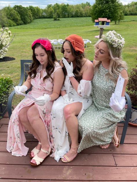 Vintage hats - prefect addtion for a Bridgerton tea party Regency Bachelorette Party, Bride Tea Party Outfit, Bridgeton Party Theme, Bridgeton Themed Party Outfit, High Tea Bachelorette Party, Tea Party Bridal Shower Ideas Outfit, Thirtea Party, Bridgerton Party Outfit, Bridgeton Ball