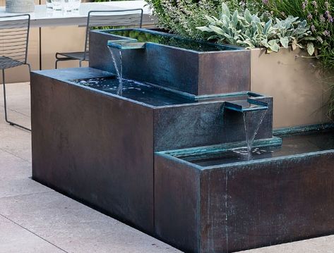 Landscape and Garden Design Metal Fabrication | Outdoordesign Japanese Garden Plants, Modern Water Feature, Diy Water Feature, Garden Water Feature, Pool Water Features, Pond Water Features, Water Fountains Outdoor, Outdoor Fountain, Water Features In The Garden