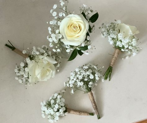 White Rose And Gypsophila Buttonhole, Gypsophila And Greenery Wedding, Bridal Bouquet Gypsophila White Roses, Buttonholes Wedding White, White Rose And Baby’s Breath Boutonniere, Gypsophila Button Hole, White Rose And Gypsophila Bouquet, White Rose Buttonhole, Gypsophila Boutonniere