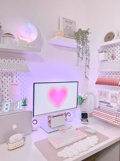 Preppy Gaming Setup, Pink Gradient Aesthetic, Dreams List, Lockscreen Widget, White Desk Setup, Pink Setup, Gradient Aesthetic, Games Room Inspiration, Manifestation Wallpaper