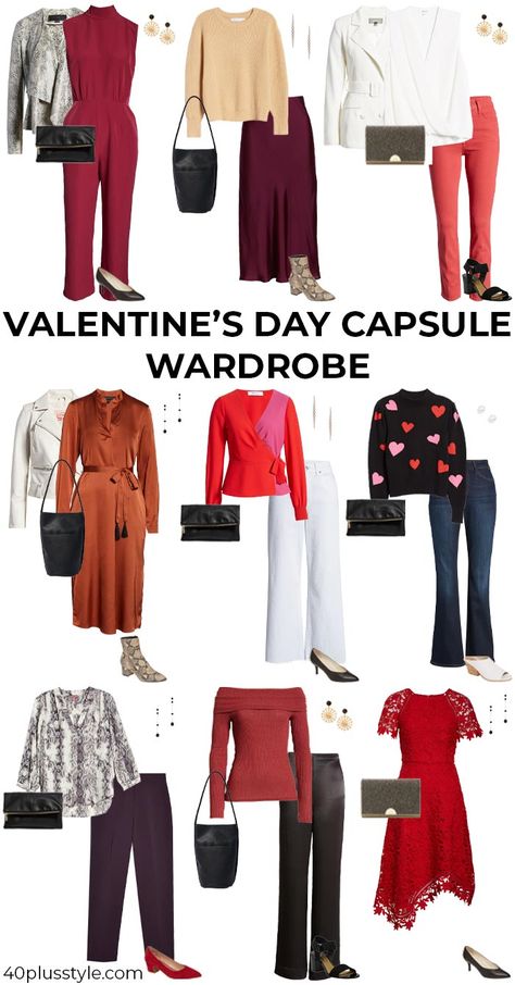 How to dress for valentines day capsule wardrobe | 40plusstyle.com Valentine Work Outfit, What To Wear For Valentines Day, Simple Valentines Outfits Casual, Valentine Work Outfits For Women, Valentine's Outfits For Women, Valentine’s Day Work Outfit, Valentines Work Outfit, Valentines Day Work Outfits, Valentines Day Outfits For Women Dresses