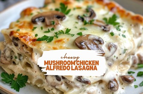 Cheesy Mushroom Chicken Alfredo Lasagna Mushroom Chicken Alfredo Lasagna, Company Recipes, Mushroom Dishes, Chicken Alfredo Lasagna, Alfredo Lasagna, Lasagna Recipes, Chicken With Italian Seasoning, Cooked Chicken Recipes, Chicken Alfredo Recipes