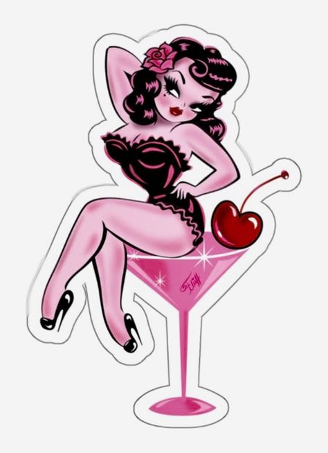 Cherry Martini, Girl Boss Planner, Miss Fluff, Vintage Inspired Art, Old School Tattoo Designs, Pink Martini, Pin Up Tattoos, Cocktail Art, Unicorn Art