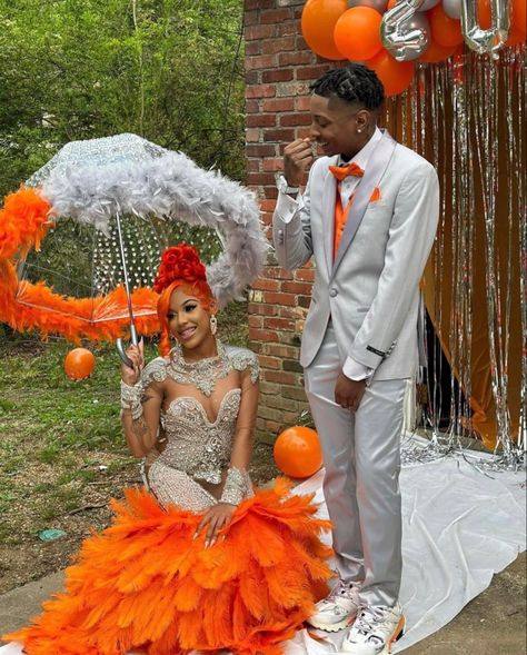 Orange Prom Couple, Sneakerball Party Outfits, Prom Couples Outfits, Princess Dress Prom, Couples Prom, Couple Prom, Prom Pictures Couples, Prom Goals, Orange Prom Dresses