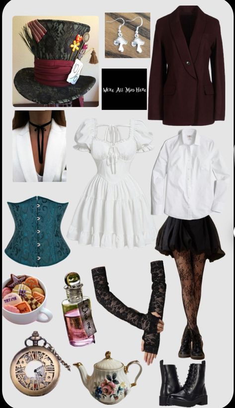 The Mad Hatter Alice In Wonderland, Mad Hatter Custom, Twisted Wonderland Mad Hatter, Mad Hatter Costume Inspiration, Dark Alice Costume, Mad Hatter Themed Outfit, Mad Hatter Simple Costume, Aesthetic Mad Hatter Costume, Alice In Wonderland Hatter Costume