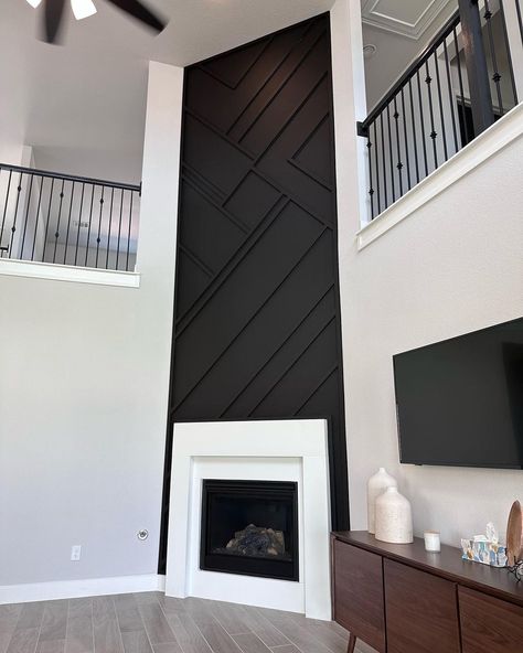 Fireplace Accent Wall #accentwall #accentwalls #blackwalls #fireplacewall #accentwallideas #accentwallproject | Instagram Fireplace Mantle Accent Wall, Fireplace Wood Accent Wall, Black Fireplace Accent Wall, Black Accent Wall With Fireplace, Black Accent Fireplace, Geometric Fireplace Wall, Black Accent Tv Wall, Black Accent Walls In Living Room, Accent Wall Behind Fireplace