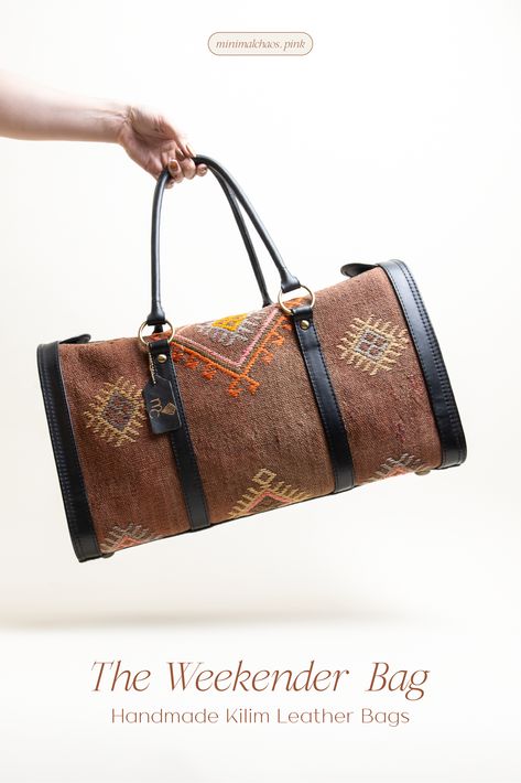 Explore our range of kilim bags, where chic fashion meets timeless style. These handmade leather kilim weekender are perfect for boho-inspired looks, offering a modern and classy aesthetic. Ideal for summer, they enhance casual outfits with a touch of elegance. Elevate your bohemian style with our unique collection. Click to shop now! Weekender Bags, Kilim Bag, Leather Weekender Bag, Leather Weekender, Genuine Leather Handbags, Classy Aesthetic, Genuine Leather Handbag, Chic Fashion, Boho Chic Fashion