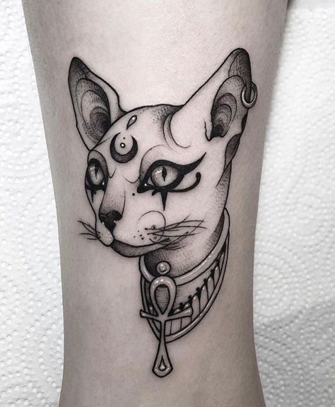 Egyptian Cat Tattoo, Sphinx Tattoo, Bastet Tattoo, Egyptian Cat Tattoos, Cat Tattoo Ideas, Egyptian Tattoo Sleeve, Egypt Tattoo, Scary Tattoos, Egyptian Cat