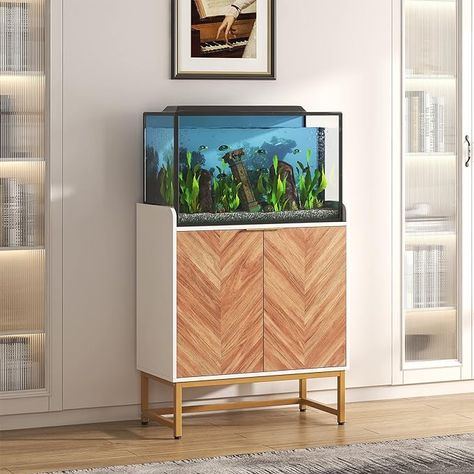 Amazon.com - Saudism 29 Gallon Fish Tank Stand, Small Aquarium Stand 20 Gallon with Doors & Adjustable Shelves, Boho Sideboard Coffee Bar Cart, Kitchen Cupboard Console Table, 30.5" L×15.7" W×35" H, White/Gold - Buffets & Sideboards Small Fish Tank Shelf, Floating Shelves For Fish Tank, Wood Table For Fish Tank, Fishtank Storage, Fish Tank In Tv, Ikea Besta Aquarium Stand, Under Tv Fish Tank, Wood Fish Tank Cabinet, Corner Table For Fish Tank