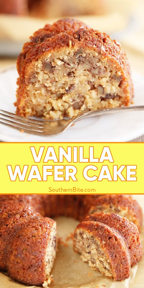 This Old Fashioned Vanilla Wafer Cake is the vintage recipe you remember. Made with crushed Nilla wafers, coconut, and pecans, this dense, rich, Bundt cake is full of memories! Vanilla Wafer Cake, Wafer Cake, Frozen Chocolate Bananas, 3 Ingredient Desserts, Vanilla Wafer, Nilla Wafers, Favorite Dessert Recipes, Bundt Cakes Recipes, Dessert Ingredients