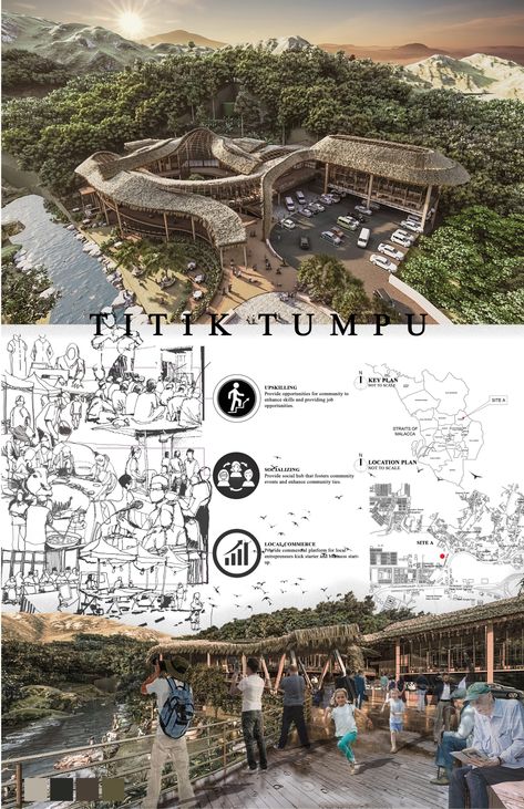 Bamboo School Architecture, Community Center Architecture Concept, Community Design Architecture, Concept Board Architecture Layout, Community Center Plan, Community Center Architecture, Community Center Design, Architecture Design Presentation, Presentation Board Design