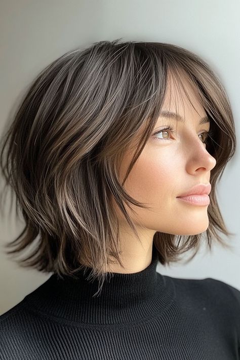 Layered Bob Haircut, Textured Tousled Bob with Curtain Bangs Short Bob With Front Layers, Short Hair With Face Framing Layers Bob Haircuts, Short Bob Hair With Curtain Bangs, Bob Curtain Bangs Brunette, Textured Bob Haircut With Curtain Bangs, Bob With Long Curtain Bangs, Layered Bob Hairstyles Curtain Bangs, Shaggy Inverted Bob, Layered Bob Long Bangs