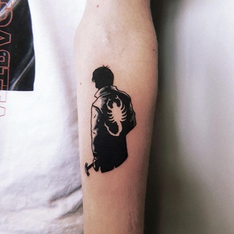 Ryan Gosling Tattoo Ideas, Seven Movie Tattoo, Drive Tattoo Movie, Drive Tattoo, Bladerunner Tattoo, Movie Scene Tattoo, Blade Runner Tattoo, Movie Tattoo Ideas, Film Tattoo