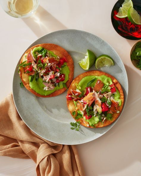 Speedy Fish Tostadas That Taste Like a Mexican Vacation - WSJ Trout Salad, Tostada Recipes, Mexican Seafood, Mexican Menu, Mexican Vacation, Avocado Crema, Avocado Cream, Smoked Trout, How To Cook Fish