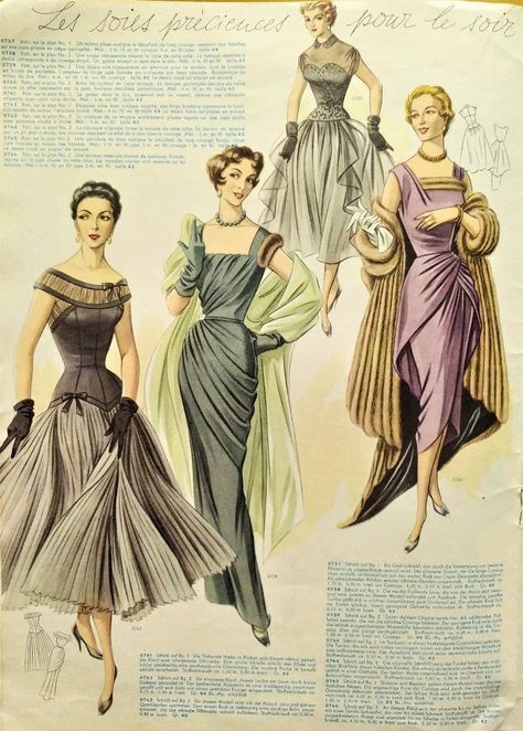 1950s High Fashion, Vintage European Fashion, 1950s Fashion Plates, 50s Fashion Sketch, Vintage Fashion Illustration 1950s, 1950 Gowns Haute Couture, Fashion 1950s Style, 1950s Couture, 50s Evening Gown Sewing Patterns