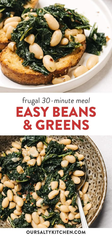 Beans and greens might just be the perfect meal. It's vegan out of the gate with plenty of variations to meet a variety of dietary needs. Budget friendly, quick, and healthy, beans and greens are also shockingly delicious using just a handful of frugal pantry staples. Serve them as a side dish, for breakfast with a runny egg, or over garlic toast for lunch or dinner. #vegan #pantrystaples #frugal #quickmeal #30minutesorless Beans And Greens Recipe, Frugal Pantry, Vegan Bean Recipes, Breakfast Beans, Beans And Greens, Healthy Beans, Peasant Food, Garlic Toast, 30 Minute Meals Easy