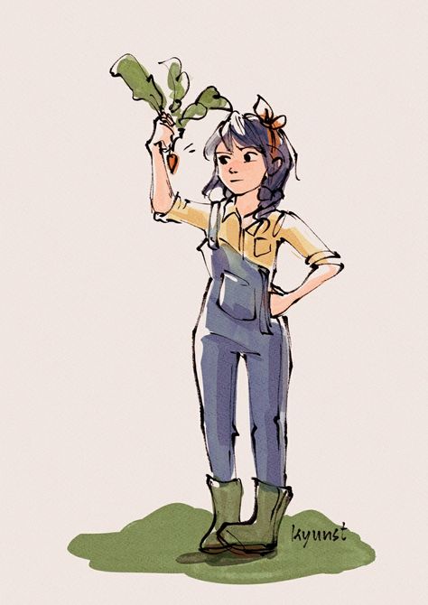 Gardener Outfit Drawing, Farmer Clothes Drawing, Farmer Poses Drawing, Farmer Pose Reference Drawing, Farmer Outfit Drawing, Female Farmer Character Design, Gardening Drawing Reference, Farm Character Design, Farmer Oc Art