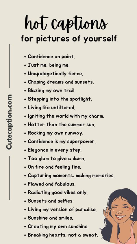 + attention-grabbing captions for your selfies, mirror pics, and other photos of yourself to help you stand out on social #Captions_For_Pictures_Of_Yourself #Captions_For_Pictures #Short_Instagram_Quotes #One_Word_Instagram_Captions Captions For Pictures Of Yourself, Captions For Pictures, One Word Instagram Captions, Short Instagram Quotes, Witty Instagram Captions, Short Instagram Captions, Instagram Captions For Selfies, Clever Captions, Clever Captions For Instagram