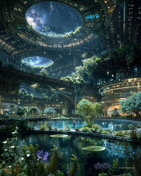 Fred Roma | 🌌🌿Gardens Among the Stars 🌟🌱 The Verdant Voids are enchanting space gardens and cities orbiting within a remote solar system. These… | Instagram Futuristic Forest City, Futuristic Alien City, Sci Fi City Art, Solar Punk Aesthetic, Futuristic Forest, Solarpunk City, Floating Building, Advanced City, Floating Landscape