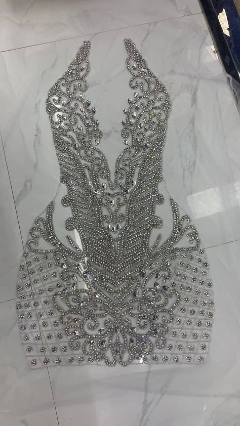 Knee length rhinestone Bodice applique Rhinestone Bodice Dress, Rhinestone Dress Wedding, Silver Custom Dress, Crystal Bodice Applique, Bodice Applique Dress Styles, Rhinestone Outfits For Women, Custom Diamond Birthday Dress, Rhinestone Bodice Applique, Rhinestone Chain Dress