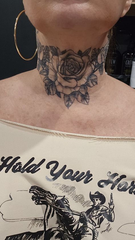 Floral Throat Tattoos Women, Collar Neck Tattoo, Rose Throat Tattoos Women, Full Throat Tattoo, Rose Throat Tattoo, Throat Tattoos Women Simple, Neck Throat Tattoos Women, Neck Rose Tattoo, Feminine Throat Tattoos