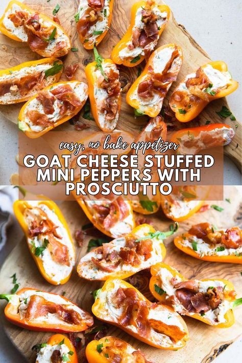 Elevate your appetizer game with these no-bake goat cheese stuffed peppers topped with crispy prosciutto. Sweet mini peppers are filled with creamy goat cheese, herbs, and spices, then crowned with savory prosciutto for the perfect balance of flavors. Simple to prepare and bursting with gourmet appeal, they're ideal for entertaining or as a quick, elegant snack. Perfect for any occasion, these bites are a crowd-pleaser that look as good as they taste. Feta Stuffed Mini Peppers, Breaded Goat Cheese, What To Pair With Goat Cheese, Savory Goat Cheese Appetizer, Apricot Goat Cheese Appetizer, Goat Cheese Stuffed Mini Peppers, Goat Cheese Peppers, Stuffed Pepper Appetizer Mini, Easy Goat Cheese Appetizer