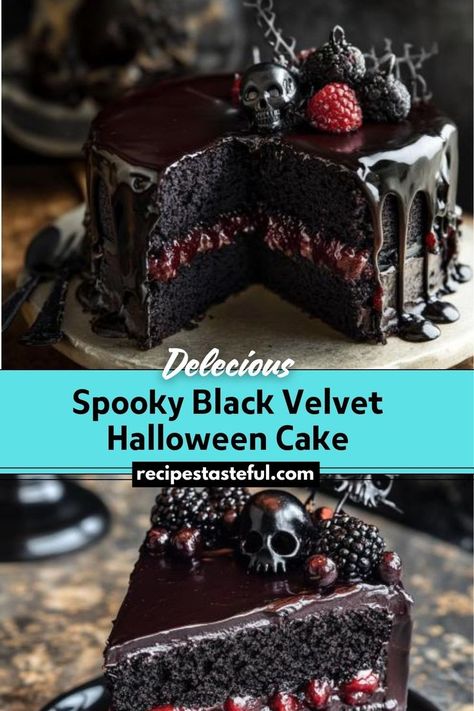 This Spooky Black Velvet Halloween Cake is a rich and velvety chocolate cake with a striking black color, filled with sweet blackberry compote and frosted with black cocoa buttercream. Topped with fresh blackberries and spooky chocolate skulls, it makes for a perfect Halloween dessert. Black Velvet Cake Recipe, Black Cake Recipe, Black Velvet Cake, Delicious Halloween Desserts, Black Velvet Cakes, Blackberry Compote, Cake Bars Recipe, Blackberry Cake, Black Cocoa