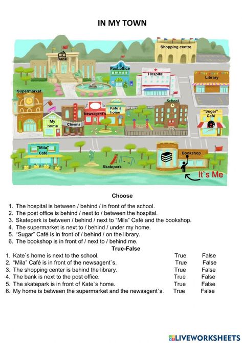 My Town Activities, Reading Comprehension For Kids, English Short Stories, English For Beginners, Esl Activities, Teaching English Grammar, Kindergarten Learning Activities, English Fun, Town Map